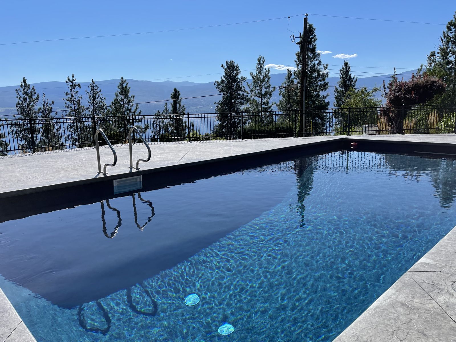 Finished pool with a dark liner and a view over the trees